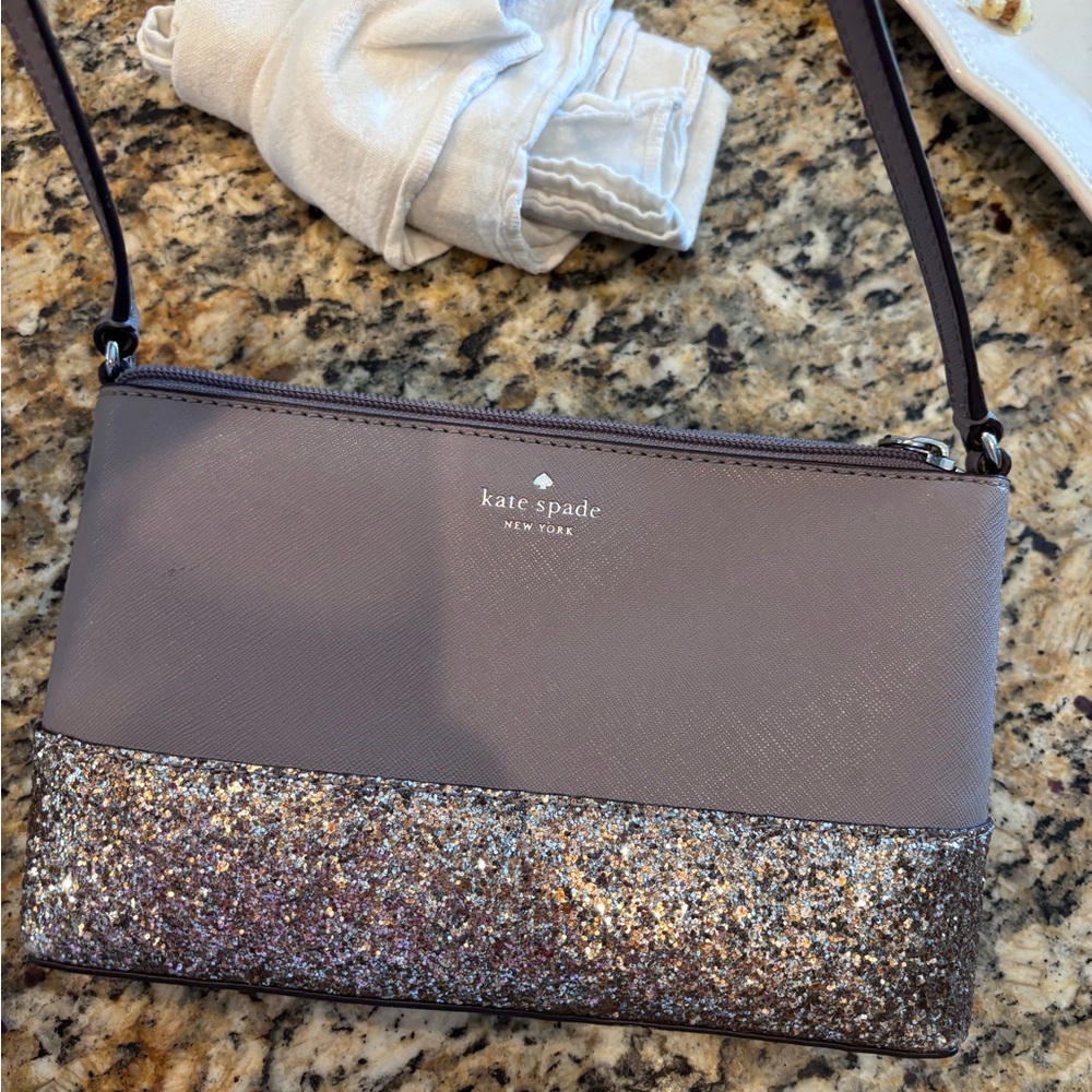 Kate Spade taupe and Silver Glitter Crossbody Bag